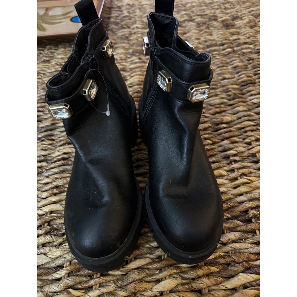 Madden Girl Black Crystal Embellished Lug Sole Combat Ankle Boots Size 8